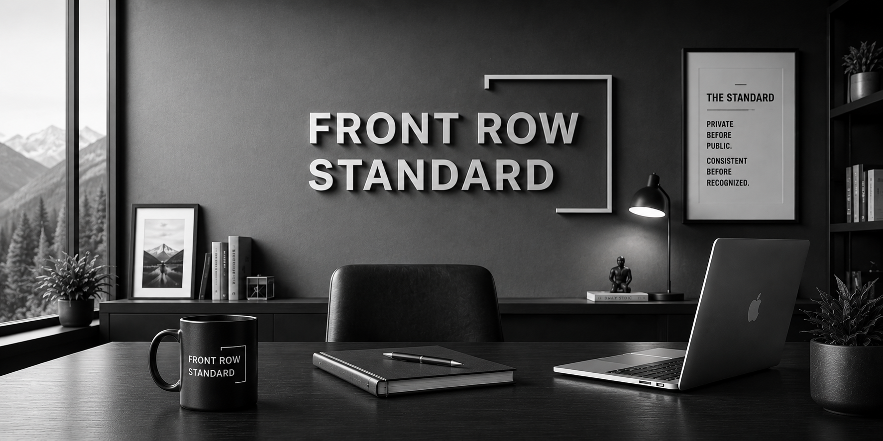Modern office with black and white decor, a desk with a laptop, notebook, pen, and a coffee mug labeled "Front Row Standard." A window shows mountain scenery, and there are framed pictures, books, and decorative items on the wall and shelves. The wall has a sign with the phrase "Front Row Standard" and the text "The Standard Private Before Public. Consistent Before Recognized."