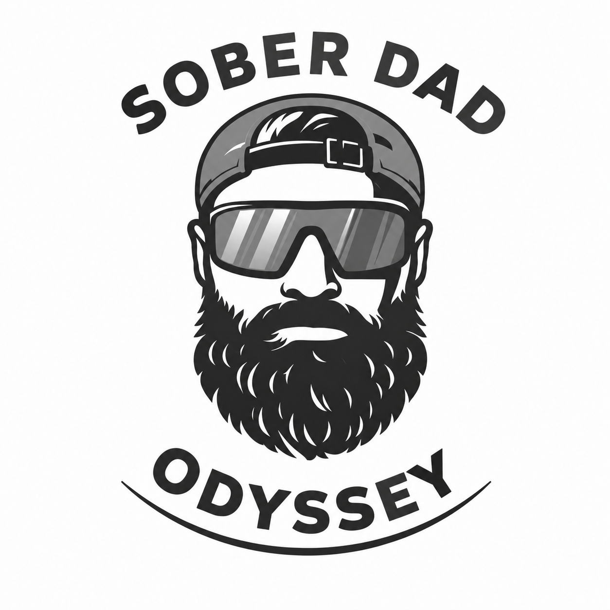 A graphic of a bearded man wearing sunglasses and a cap, with the words 'Sober Dad Odyssey' above and below.