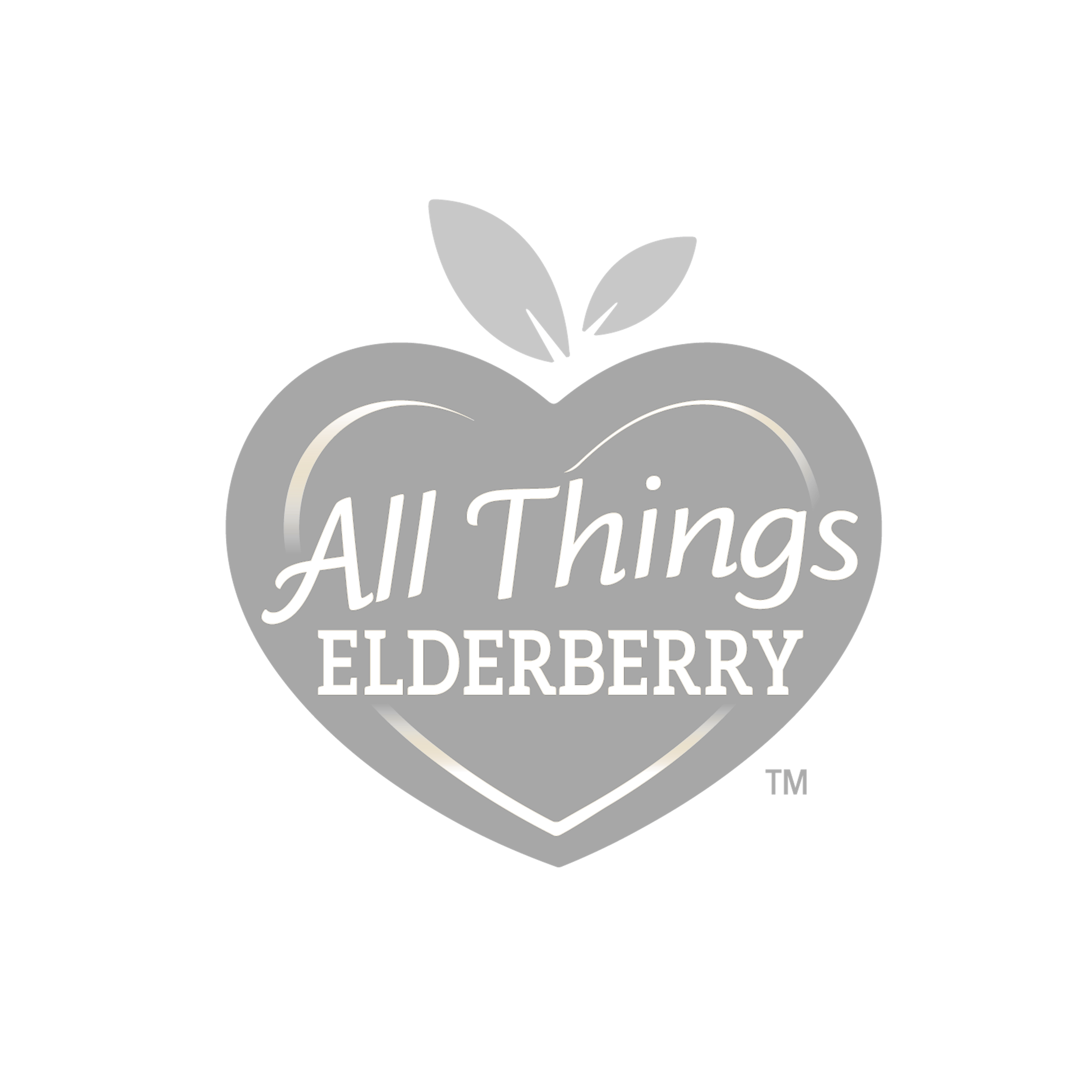 Gray heart-shaped logo with the text 'All Things Elderberry' and two leaves above. The background is black.