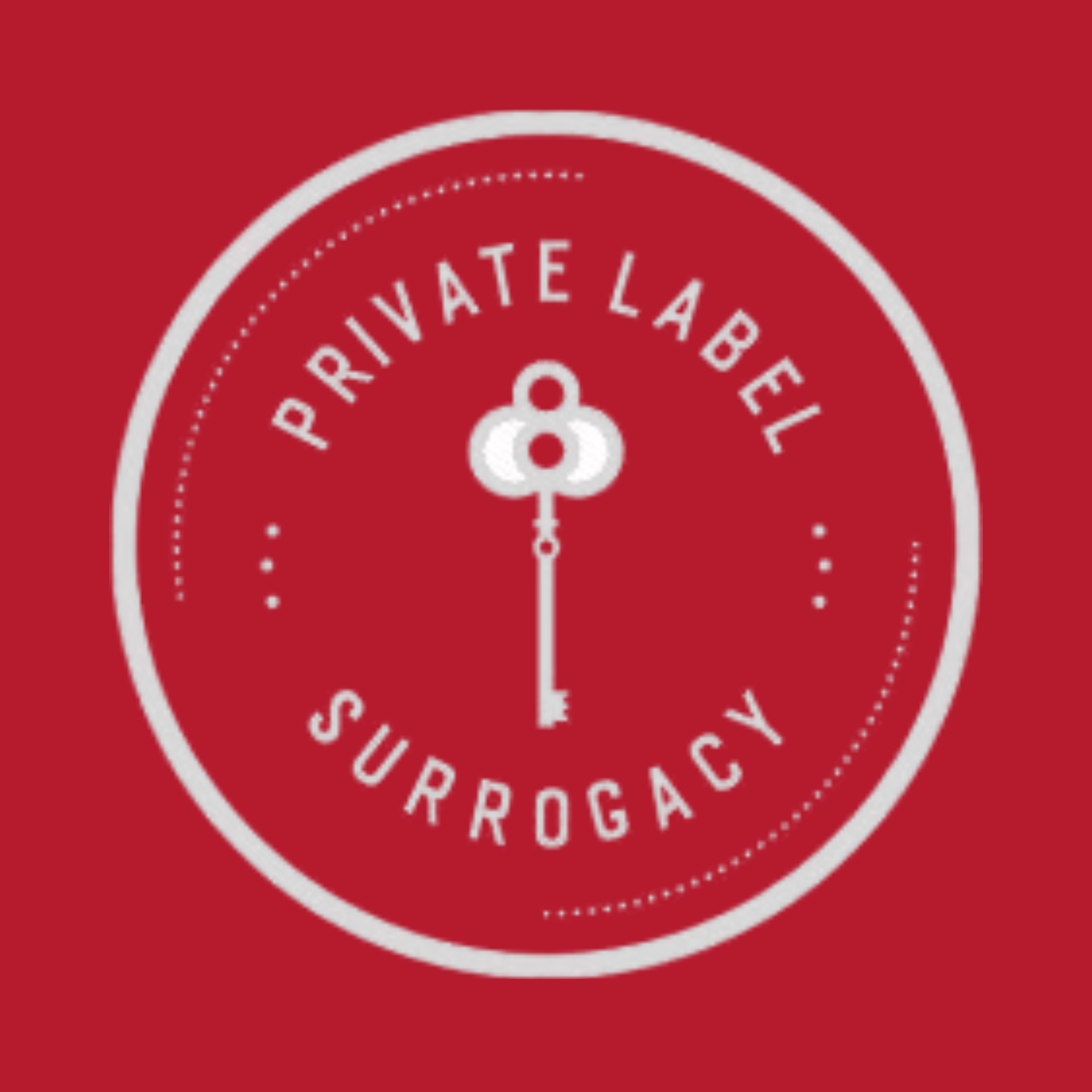 Red circular badge with a white border, featuring a white key design and the words 'Private Label Surrogacy' in a circular arrangement.