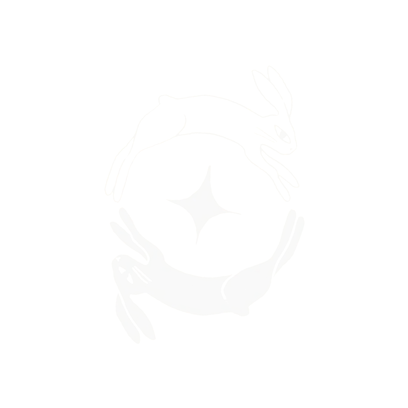 Illustration of two hands holding a black circle with a white star in the center, a rabbit and a dog resting on the circle.