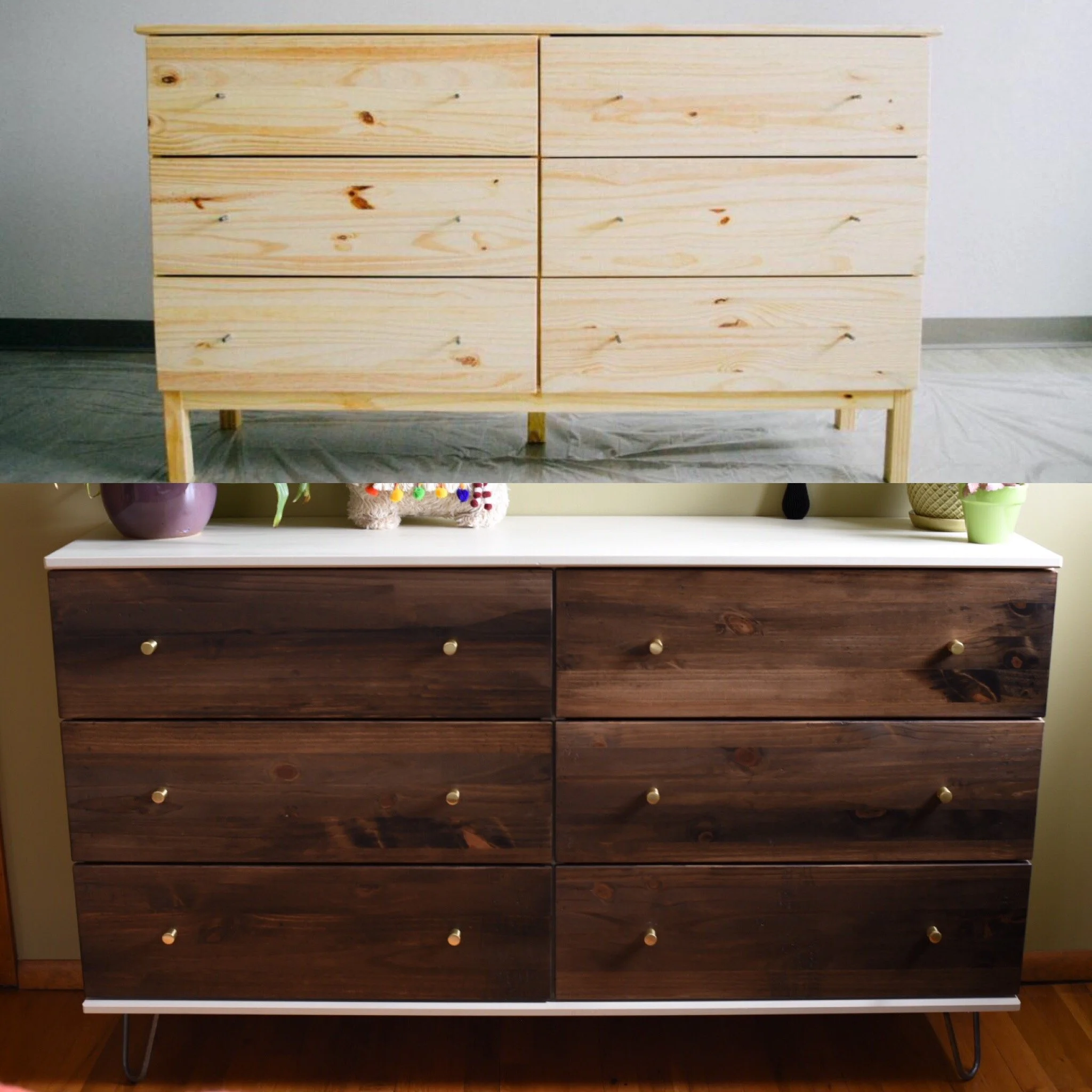 2 images, an unfinished pine wood ikea tarva above. Below shows the finished product - dark walnut stained front doors, cream painted top, with gold minimal hardware.