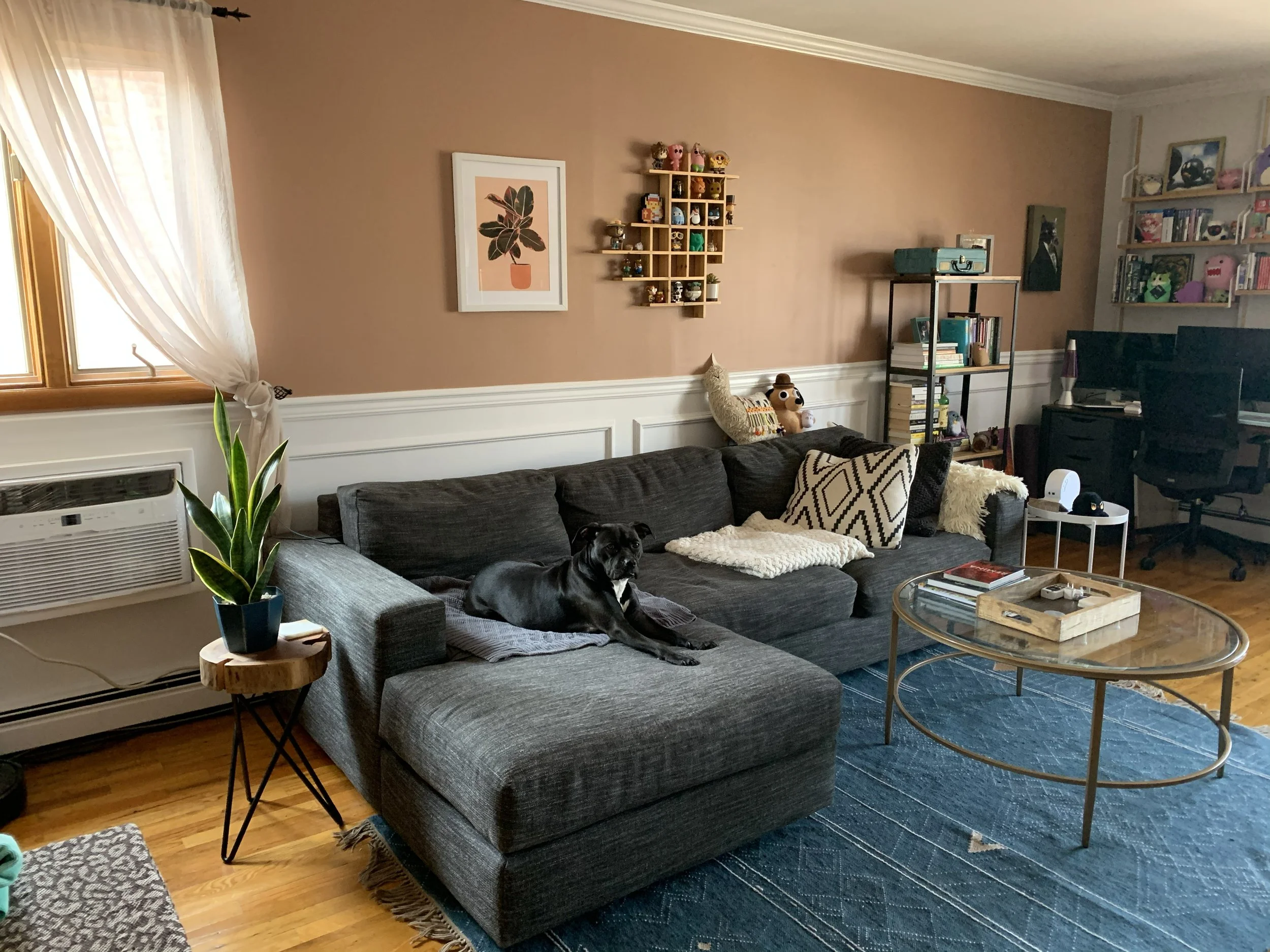 Painted accent wall in this living room a warm clay