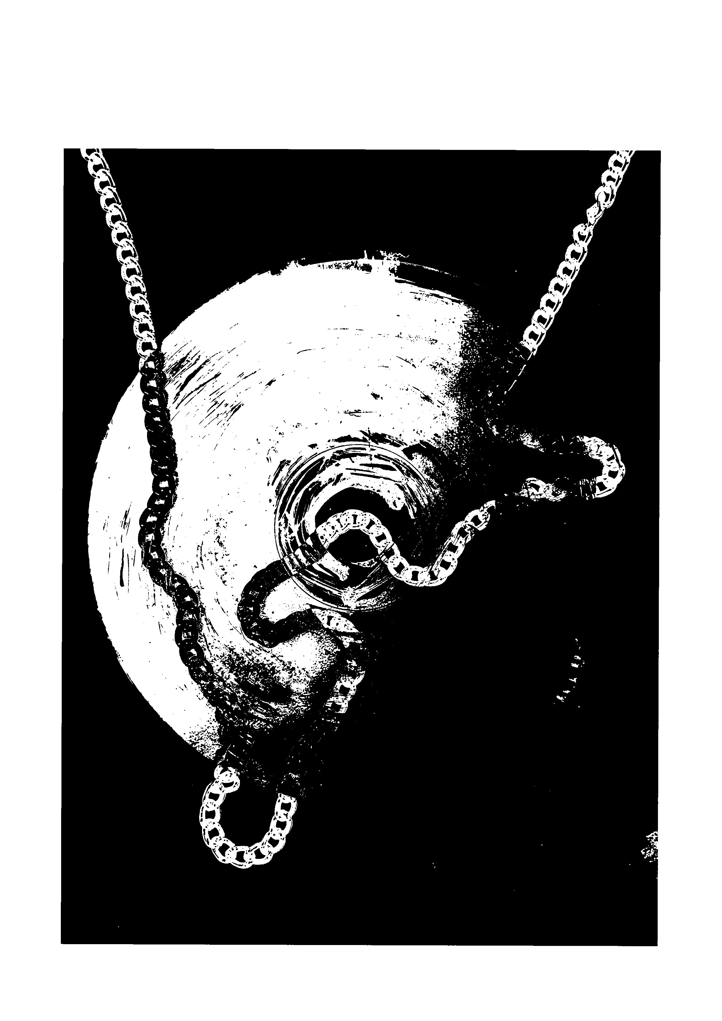 High-contrast black and white stylized image of a human face with the eye and nose visible, overlaid with chain links arranged around the face.