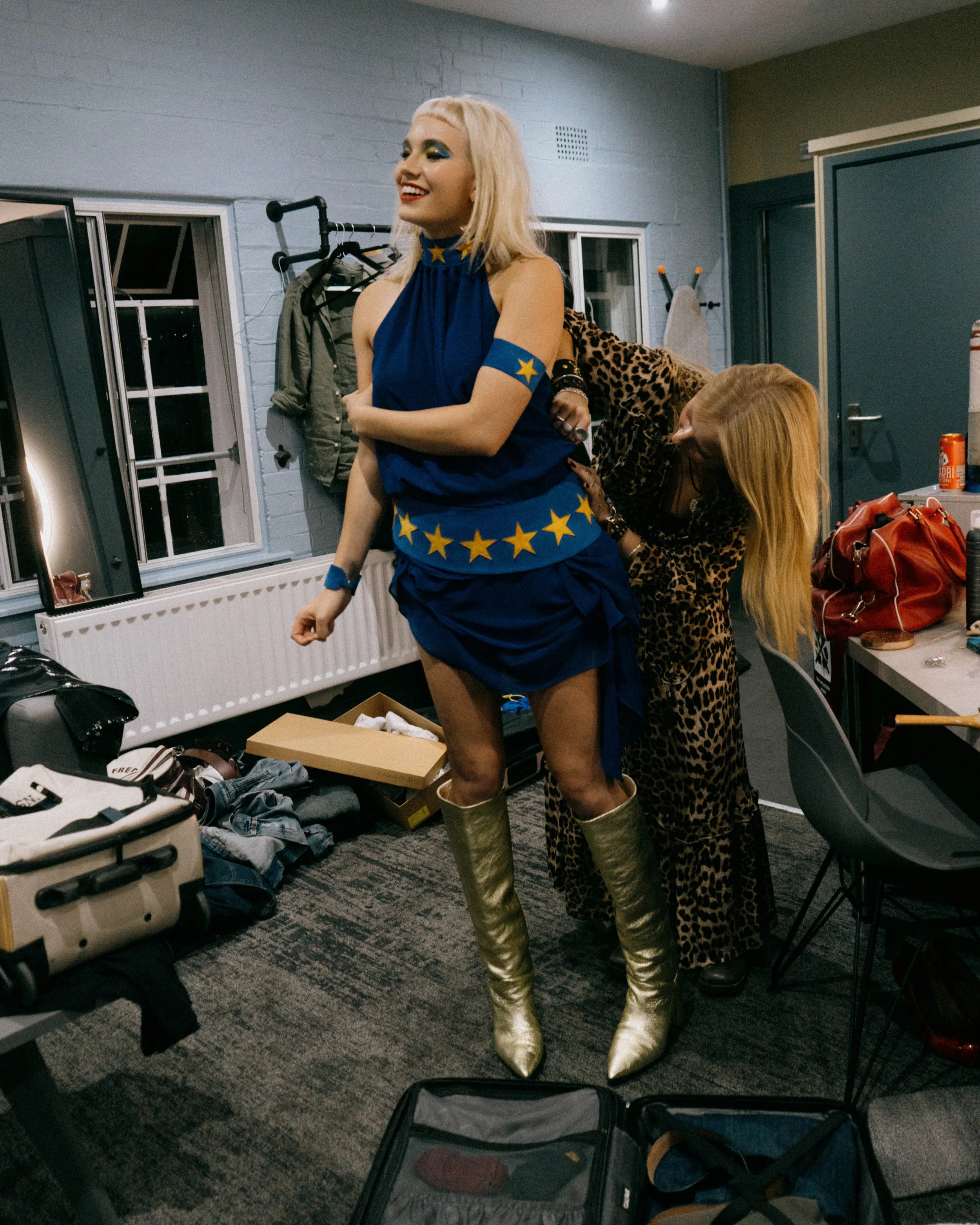 Lucy Caylin in fitting room, dressing Issey carts from the Molotovs, London, Urbia Tour 2026