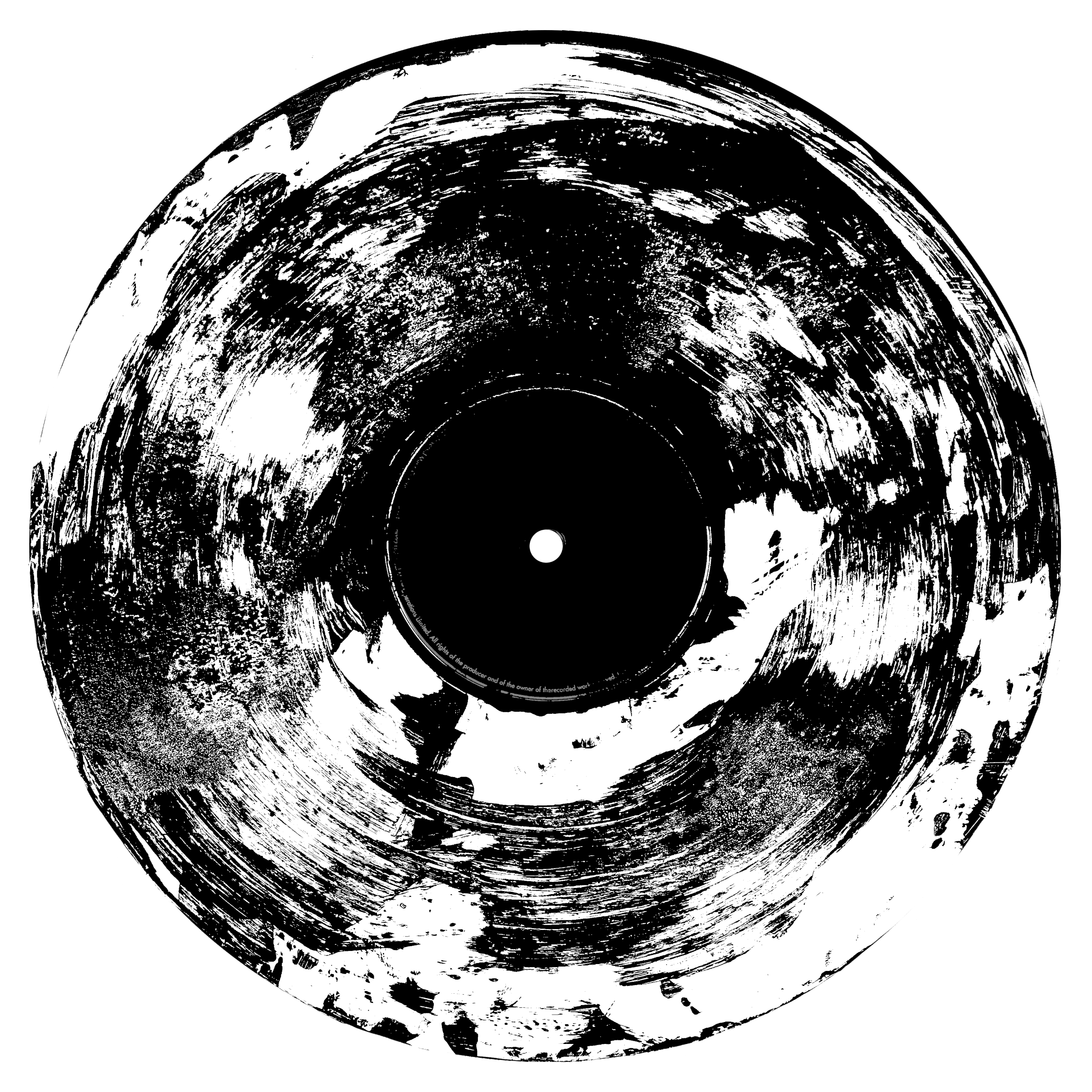 Black-and-white distressed vinyl record graphic with heavily textured brush-like markings, designed as an abstract grunge emblem inspired by rock music and worn analogue surfaces