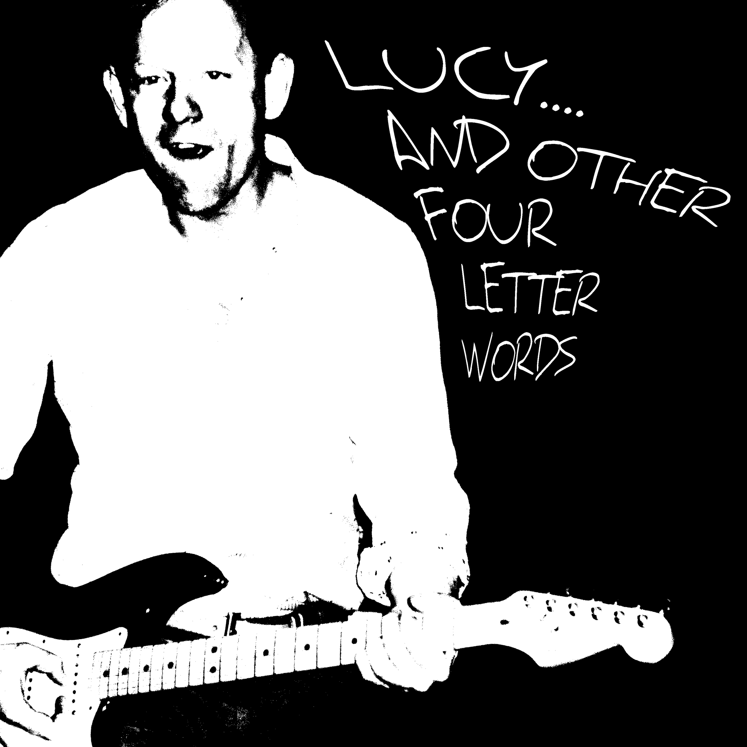 High-contrast black-and-white image of a man with short hair playing an electronic keyboard with musical notes in the background and text that reads 'Lucky... and other four letter words'.