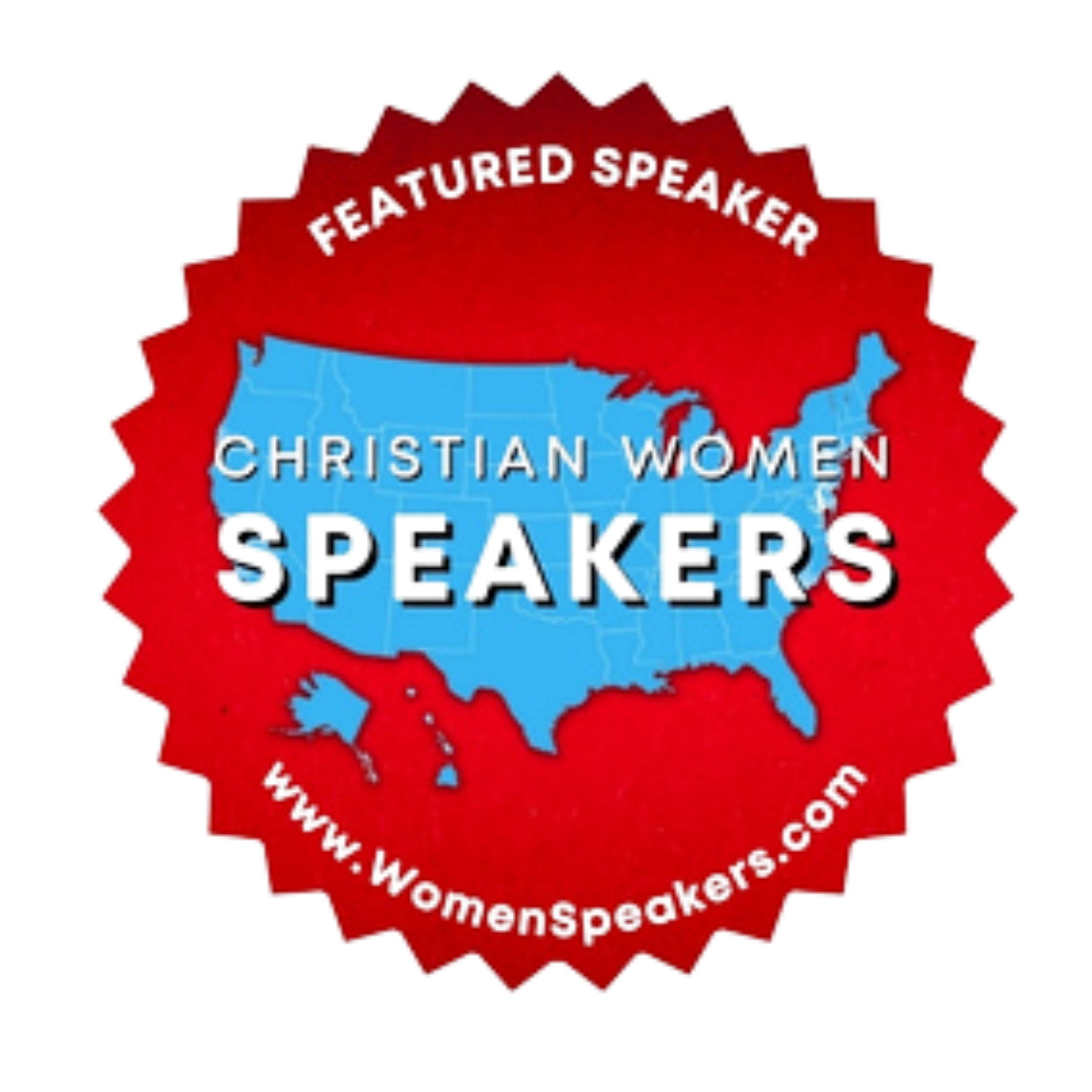 Red badge with white text featuring speaker and church icons, indicating a Christian Women's Speakers organization.