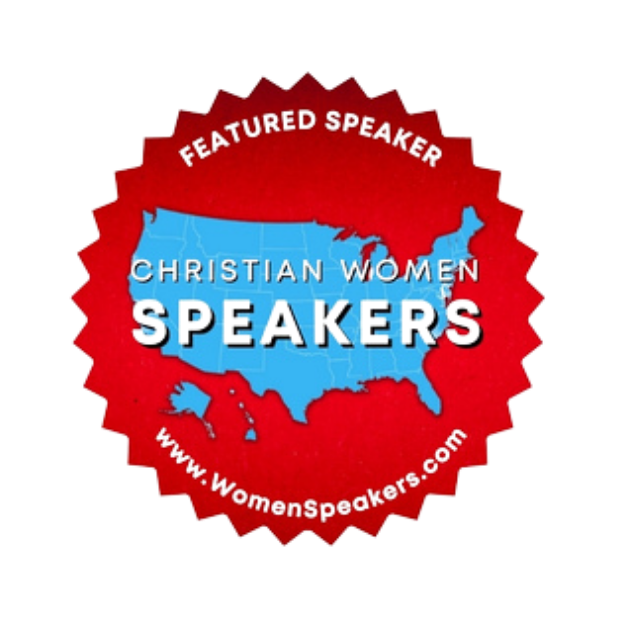 Red badge with white text featuring speaker and church icons, indicating a Christian Women's Speakers organization.