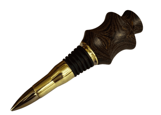 Bocote hand-turned wine bottle stopper with dark figured wood top and polished brass bullet casing handcrafted by Louisiana maker J. Baker.
