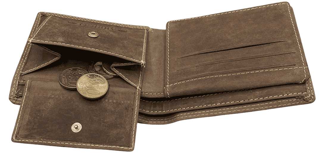 Arrigo leather bifold wallet interior with snap coin pocket and card slots.