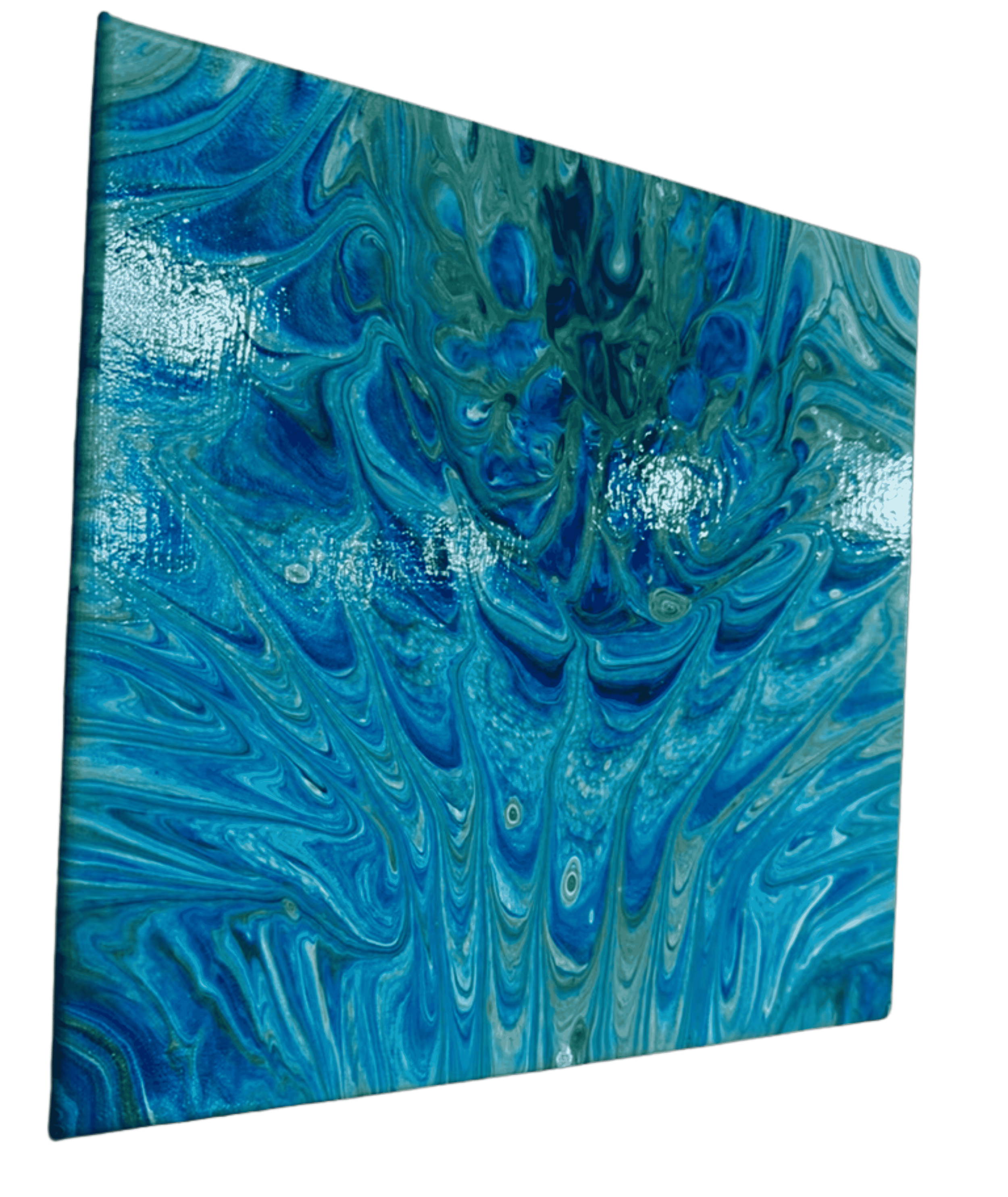 Blue abstract acrylic pour painting with swirling turquoise and deep blue marbled patterns resembling ocean water.