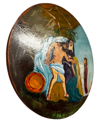 Original acrylic painting by South Louisiana artist Beverly LaFleur showing the baptism of Jesus with figures gathered beside flowing water on a round wooden plaque.