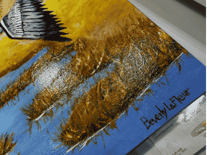 Original acrylic painting by South Louisiana artist Beverly LaFleur showing two mallard ducks flying over a marsh with water channels and golden grasses.