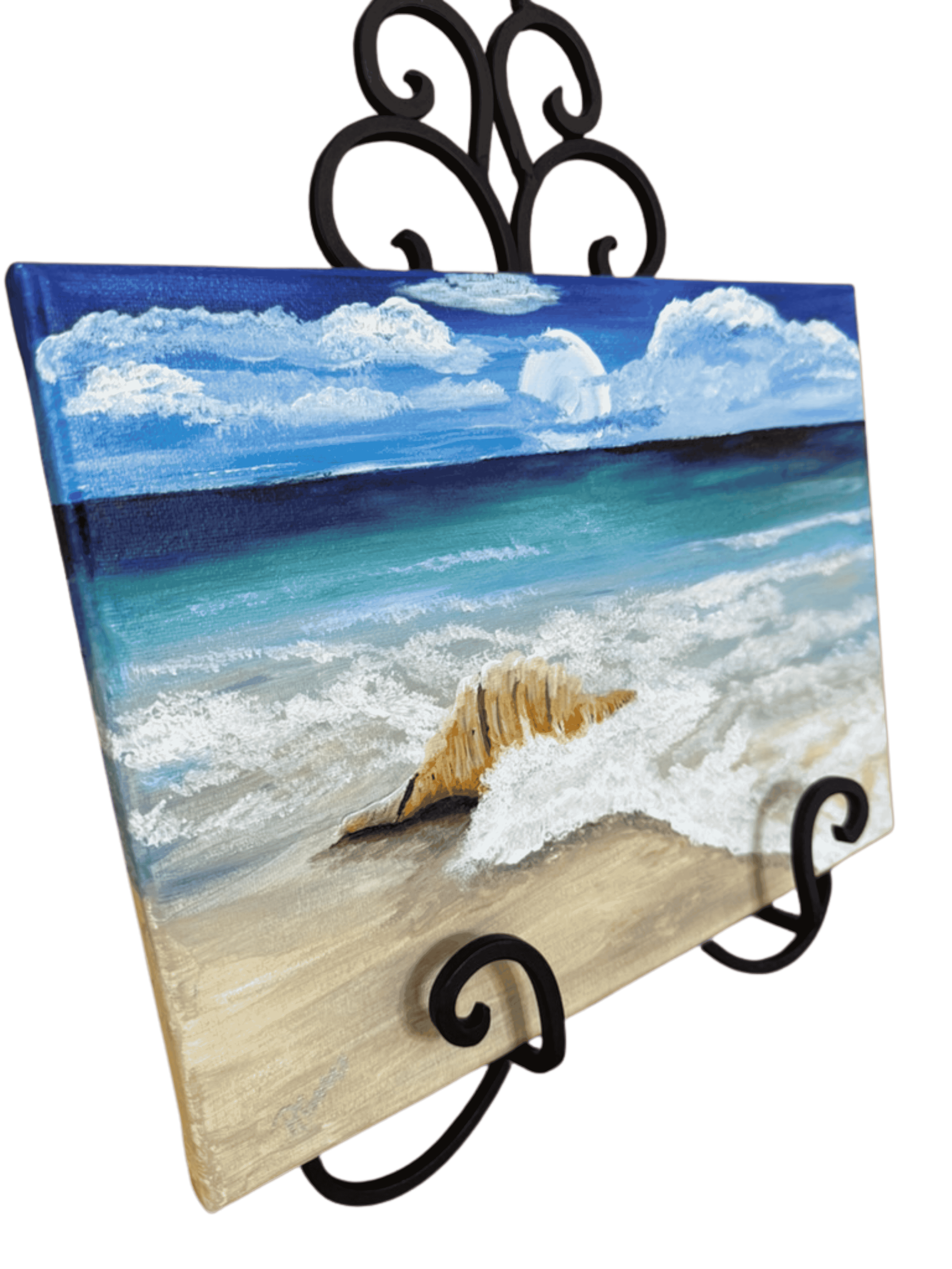 Angled view of original R. Gates beach painting showing a conch shell in rolling ocean waves with bright turquoise water and layered coastal clouds.