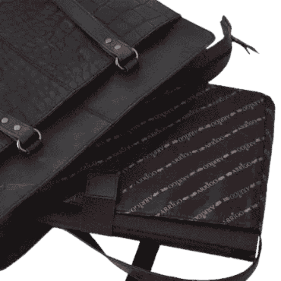 Interior view of Arrigo black leather laptop tote showing organized compartments and branded lining.