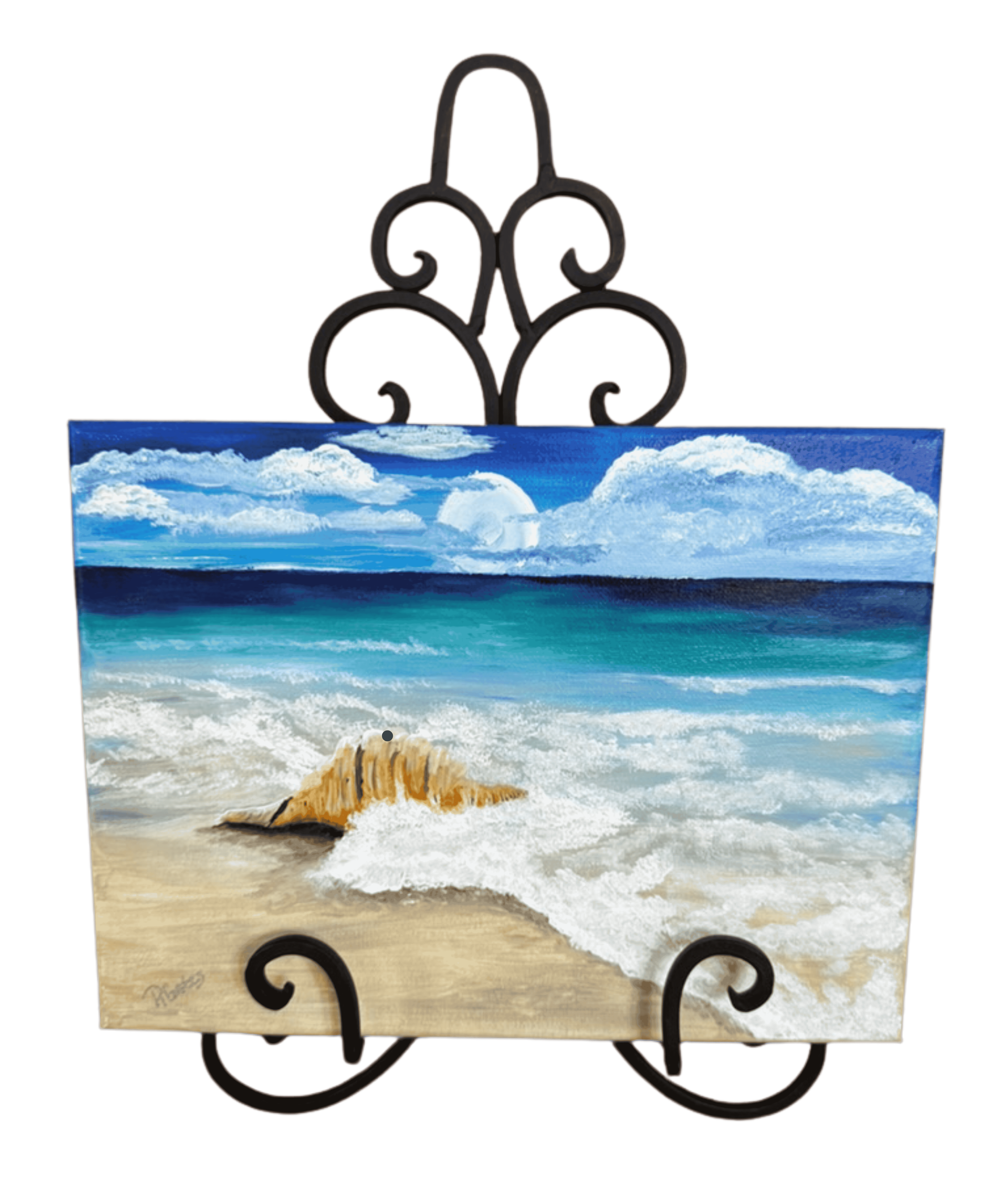 Original acrylic painting by R. Gates featuring a large conch shell resting in foamy surf along a sandy beach beneath turquoise Gulf waters and dramatic white clouds.