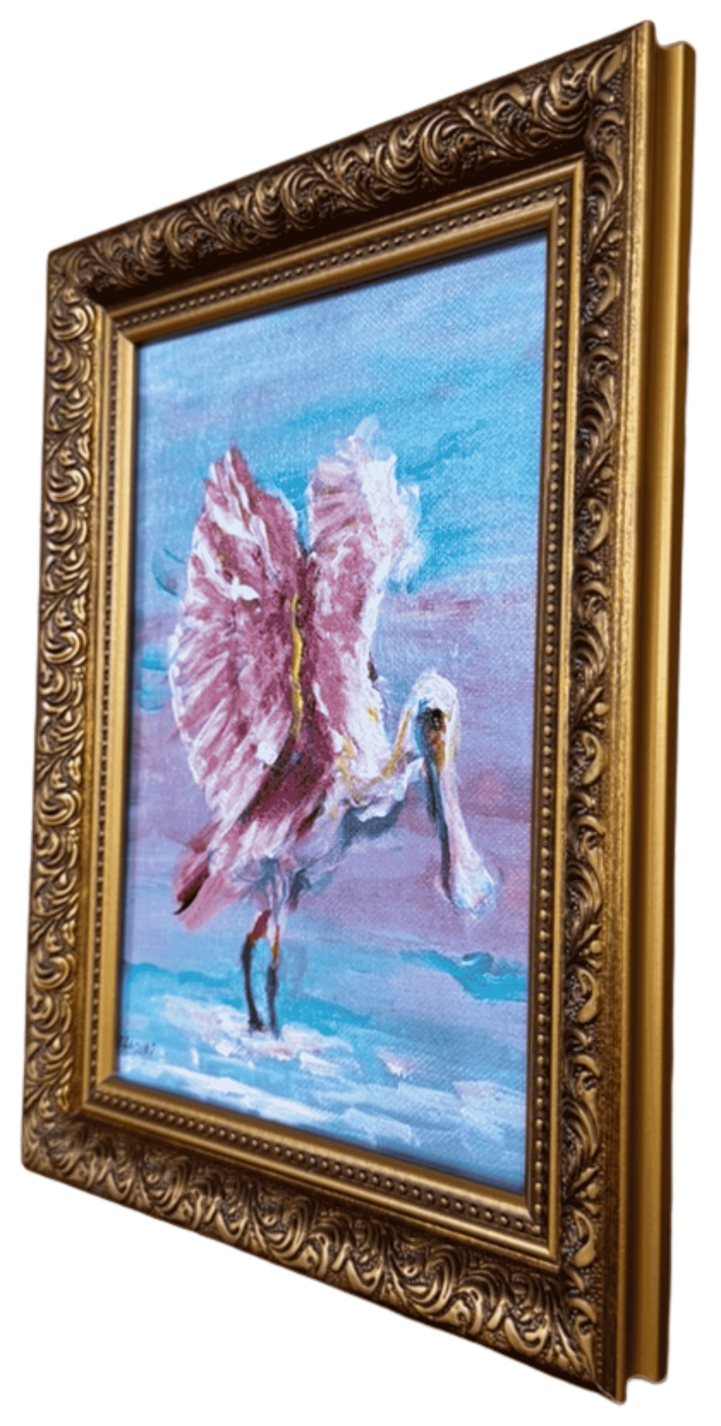 Close-up detail of roseate spoonbill acrylic painting by P. Jacobi with visible signature and ornate vintage-style gold frame.