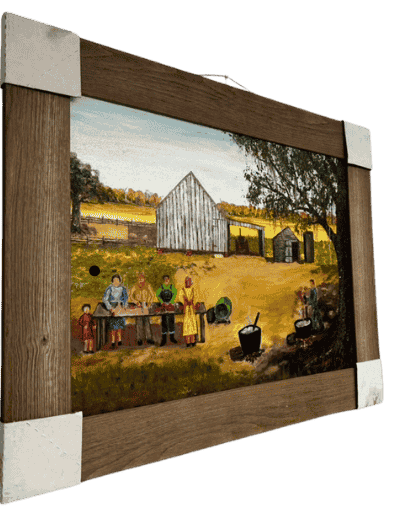 Original acrylic painting by South Louisiana artist Beverly LaFleur showing a Cajun boucherie with people gathered around tables and cooking pots in a rural farm setting.
