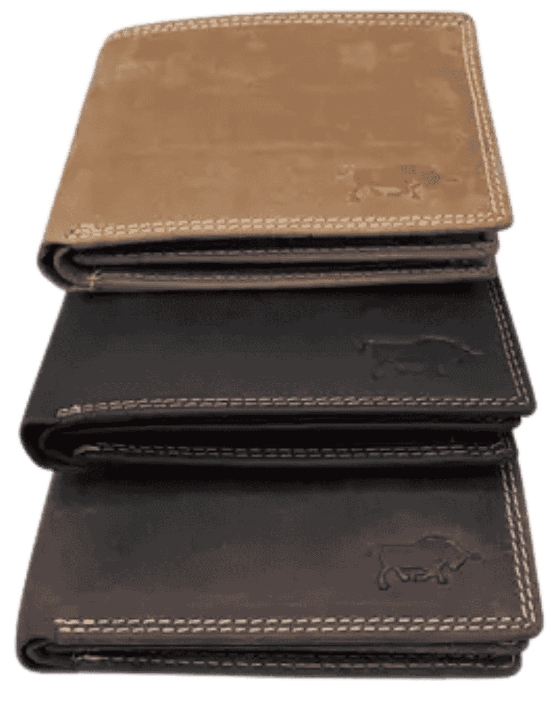 Stacked Arrigo leather bifold wallets in light cognac, dark brown, and black.