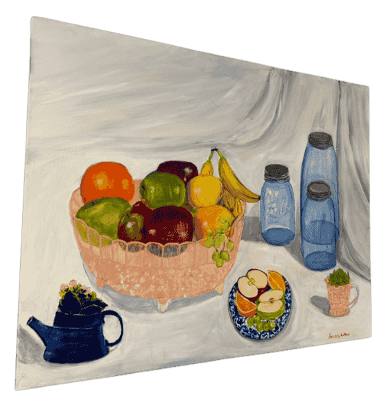 Original acrylic painting by South Louisiana artist Beverly LaFleur showing a fruit still life with apples, bananas, grapes, blue mason jars, and small kitchen items on a table.