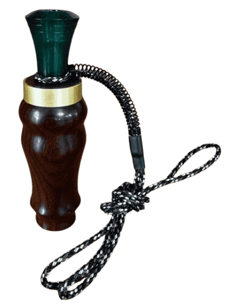 Hand-turned cocobolo double reed duck call with green acrylic insert and brass band by J. Baker Louisiana.