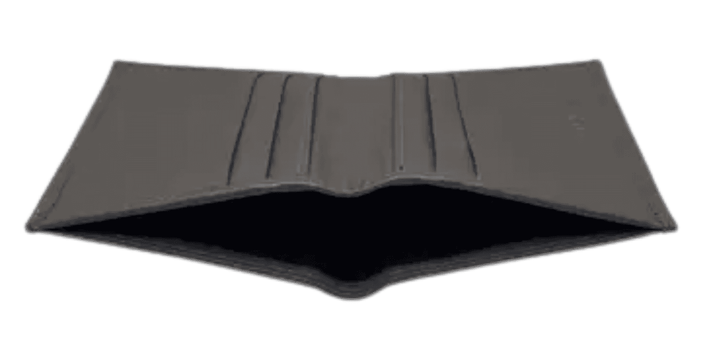 Grey leather card holder flat view, minimalist slim wallet for everyday carry