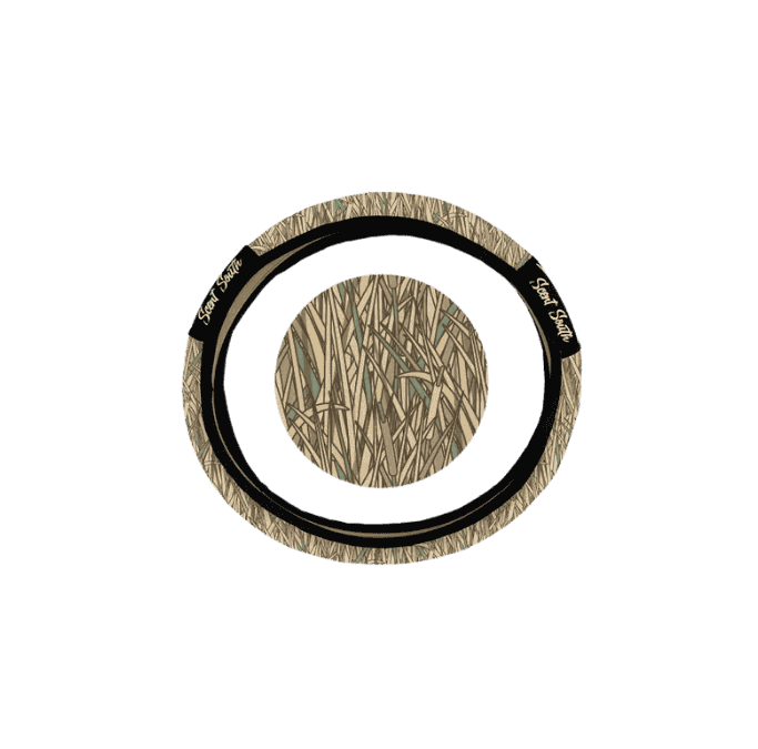 Scent South Shadowgrass camo steering wheel cover with natural grass pattern, offering enhanced grip, comfort, and rugged outdoor vehicle style