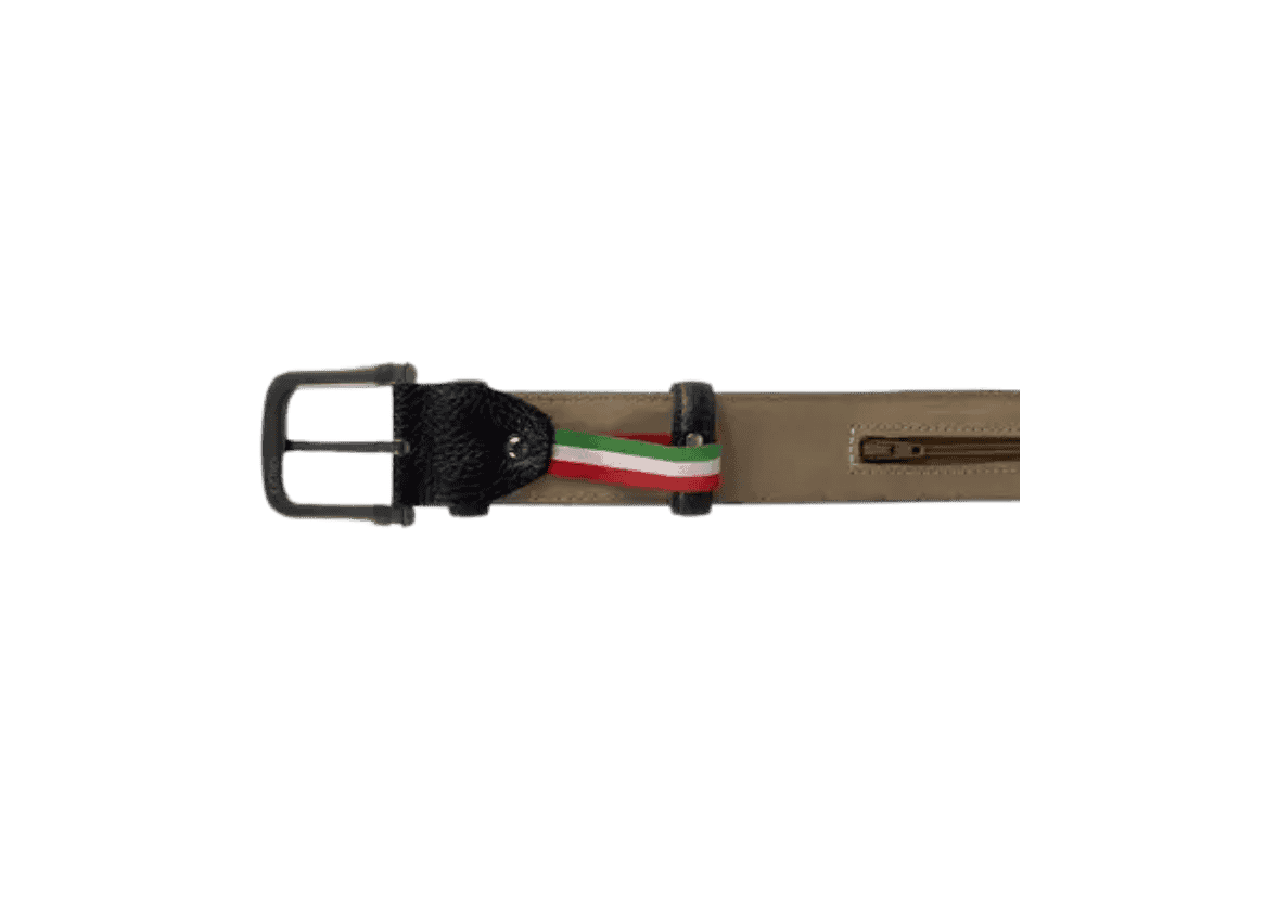 Leather travel belt interior view, hidden zip pocket construction for secure storage inside belt
