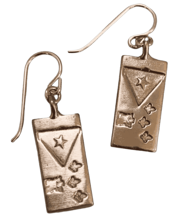 MIMOSA handcrafted Acadiana flag earrings featuring Acadian star, fleur-de-lis, and castle symbols in solid cast metal.