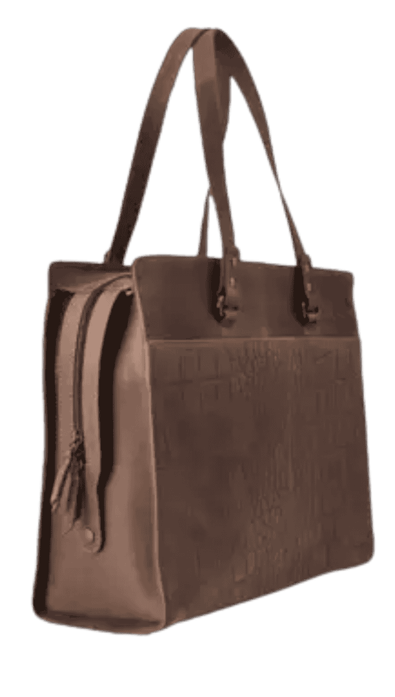 Side view of Arrigo cognac leather laptop tote showing structured silhouette and zipper pocket.