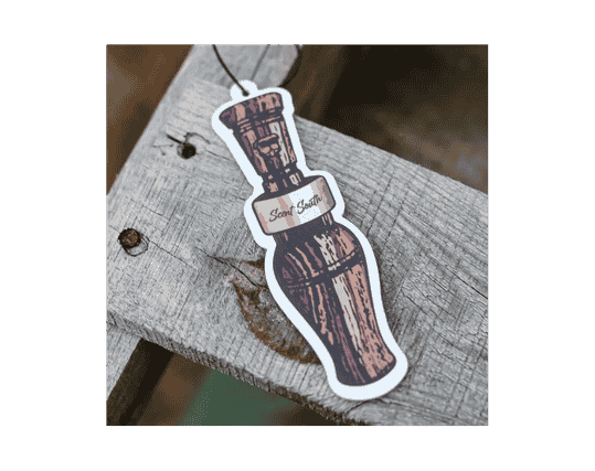 Duck call Scent South air freshener with rustic wood call design, Black Ice scent, bold clean fragrance for truck, car, or hunting lifestyle