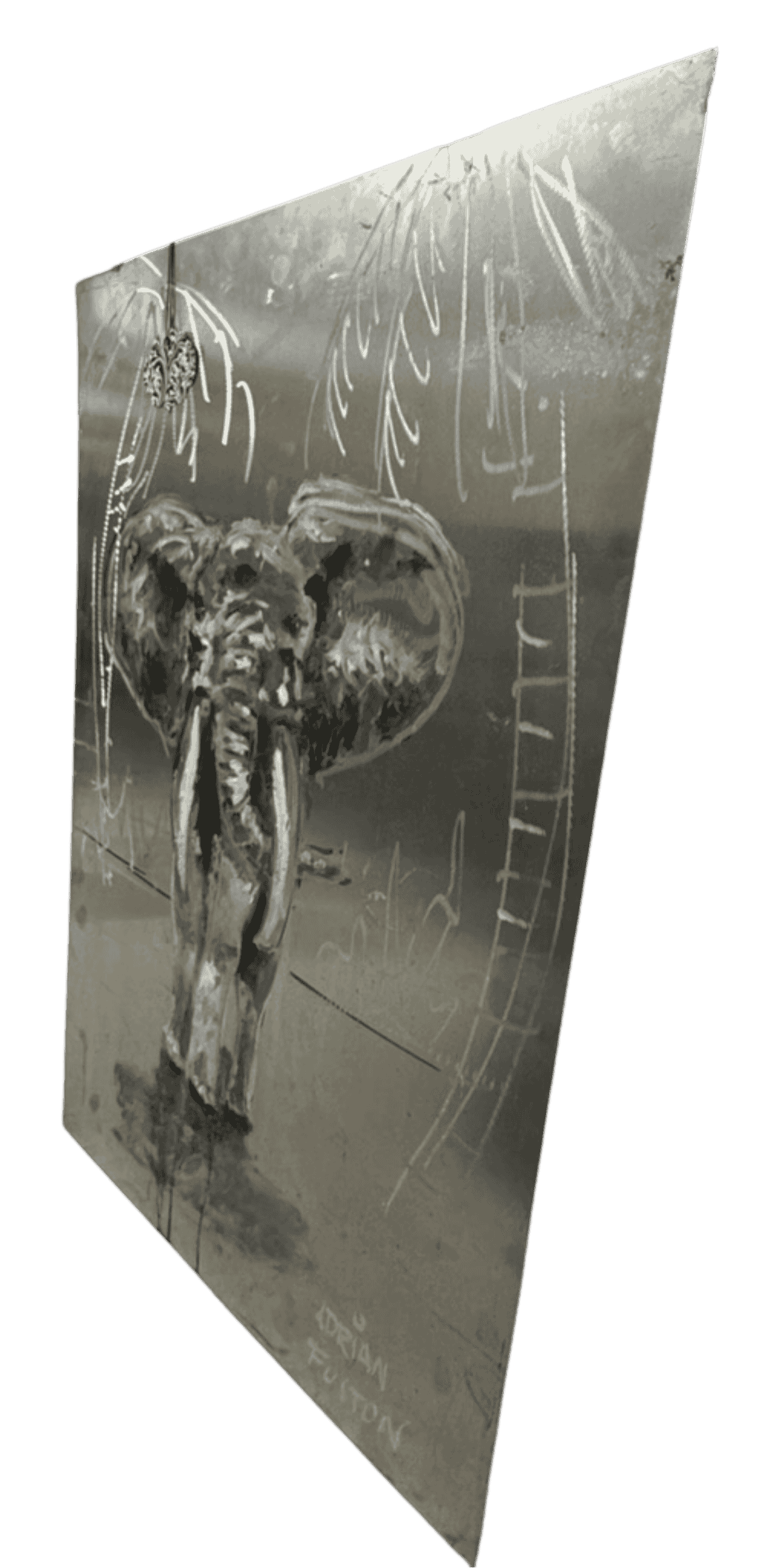 Original elephant portrait by Adrian Fulton displayed on aluminum panel, highlighting hand-engraved details and modern industrial aesthetic.