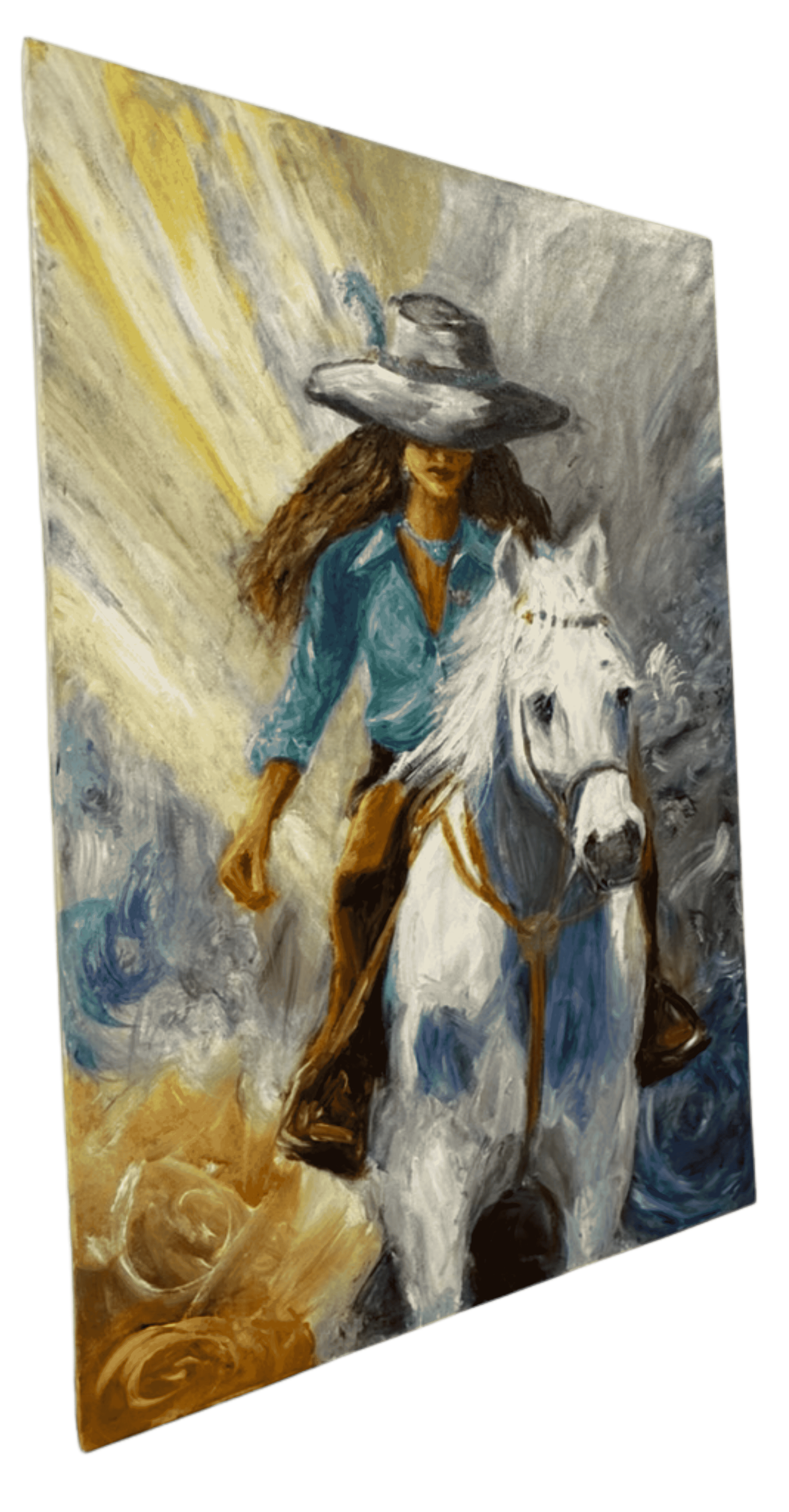Abstract acrylic painting of woman riding white horse with expressive brushwork.