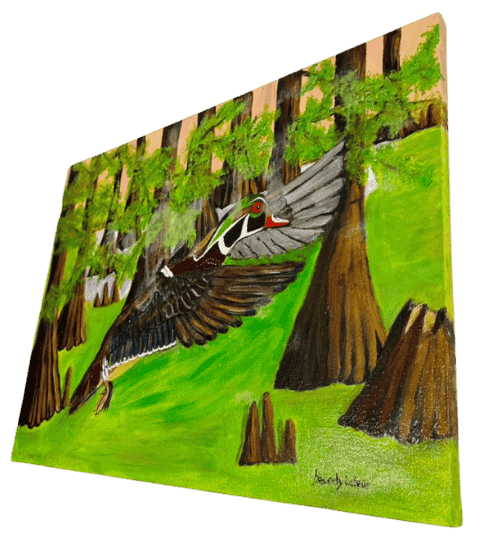 Original acrylic painting by South Louisiana artist Beverly LaFleur showing a mallard duck flying through a cypress swamp with green water and cypress trees.