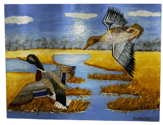 Flying Mallards Over Marsh — Acrylic Painting by Beverly Lafleur