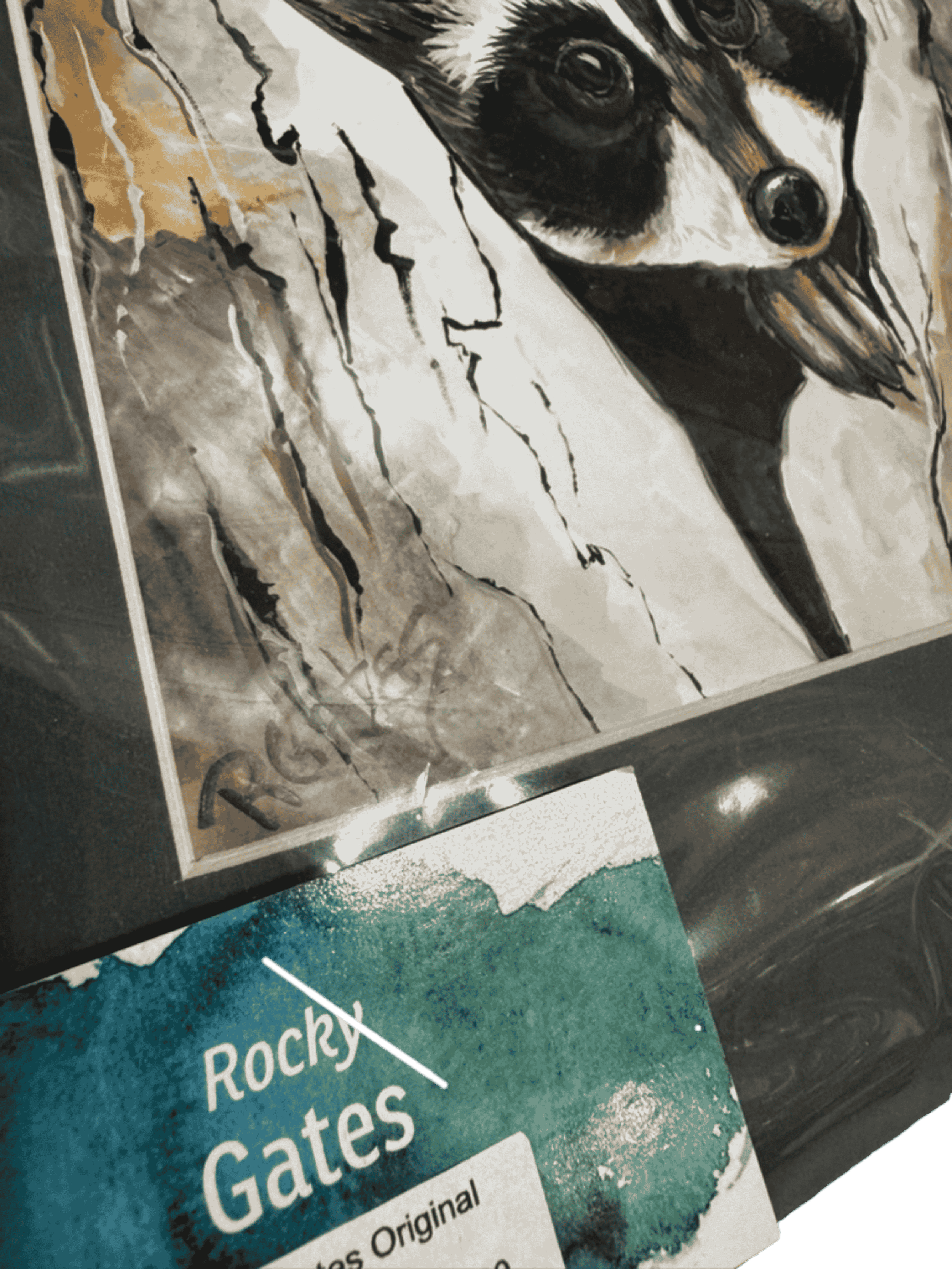 Close-up of artist signature on original raccoon watercolor painting by R. Gates.