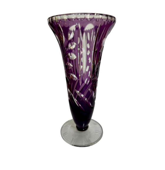 Vintage Bohemian Amethyst Cut-to-Clear Crystal Vase