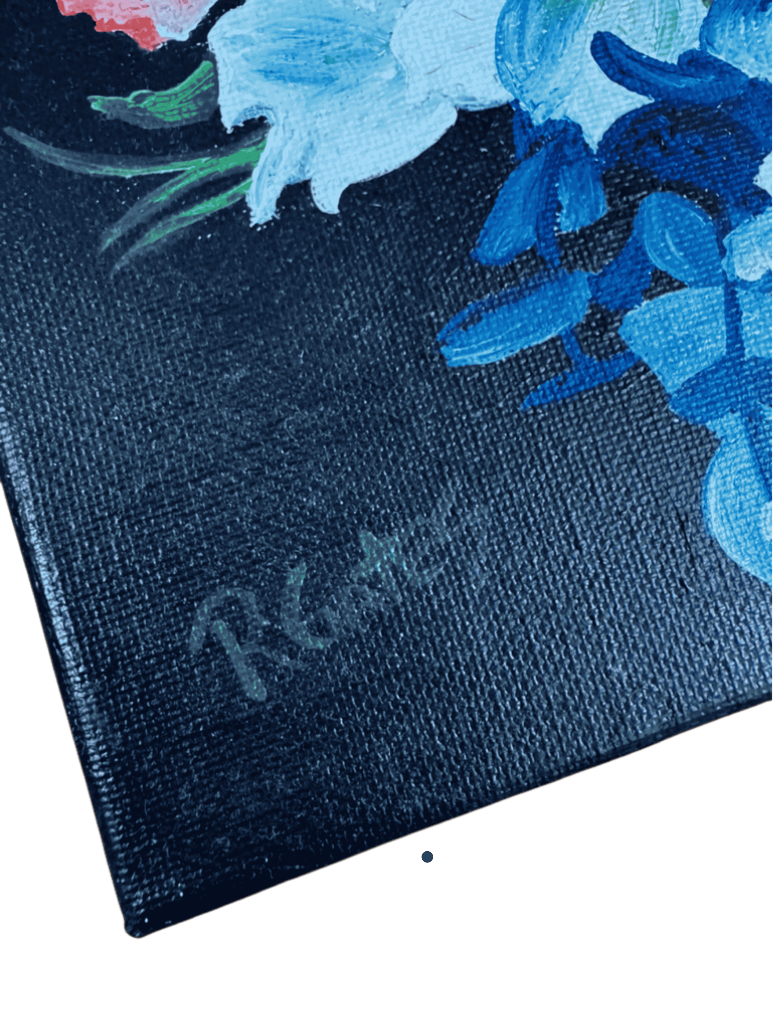 Artist signature detail on original R. Gates floral bouquet acrylic painting on stretched canvas.