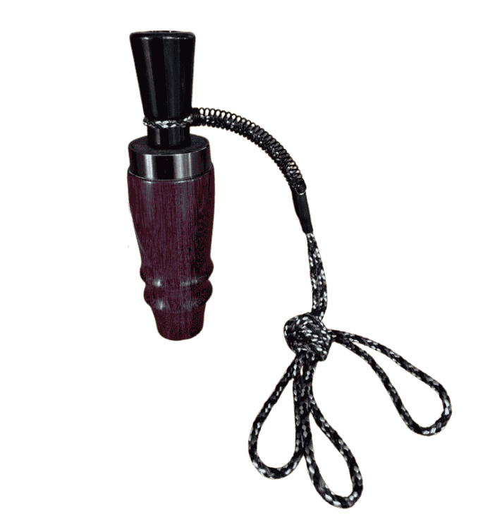 Purpleheart hand-turned single reed duck call by J. Baker Louisiana with gunmetal insert and braided black and white lanyard.