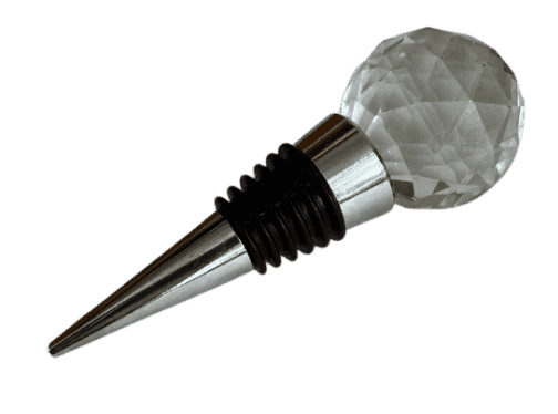 Faceted crystal ball wine bottle stopper with stainless steel base.