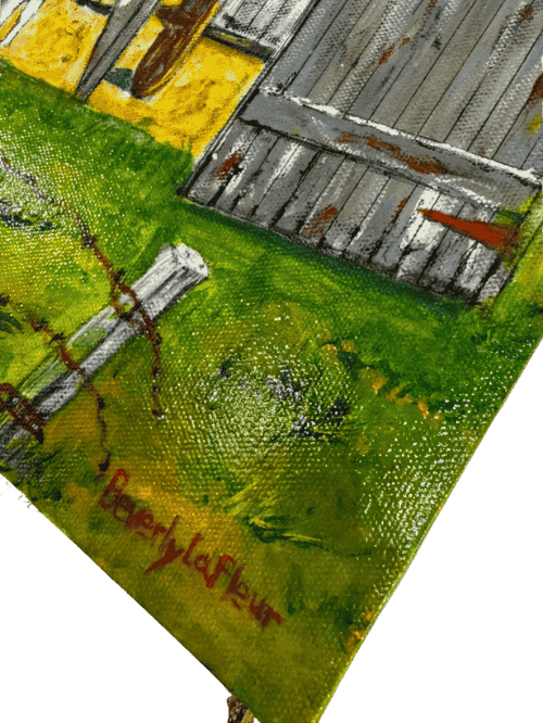 Original acrylic painting by South Louisiana artist Beverly LaFleur showing a weathered barn with cattle, goats, an old pickup truck, and fenced pasture in a rural farm scene.
