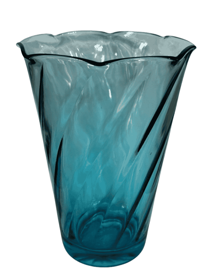 Close-up of scalloped rim and spiral twist pattern on antique blue glass vase.