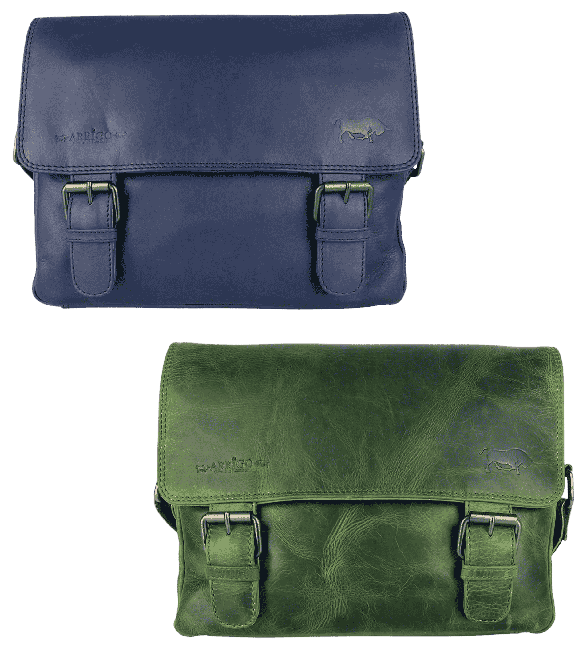 Arrigo leather messenger bag collection showing green and navy blue color options with buckle flap design.
