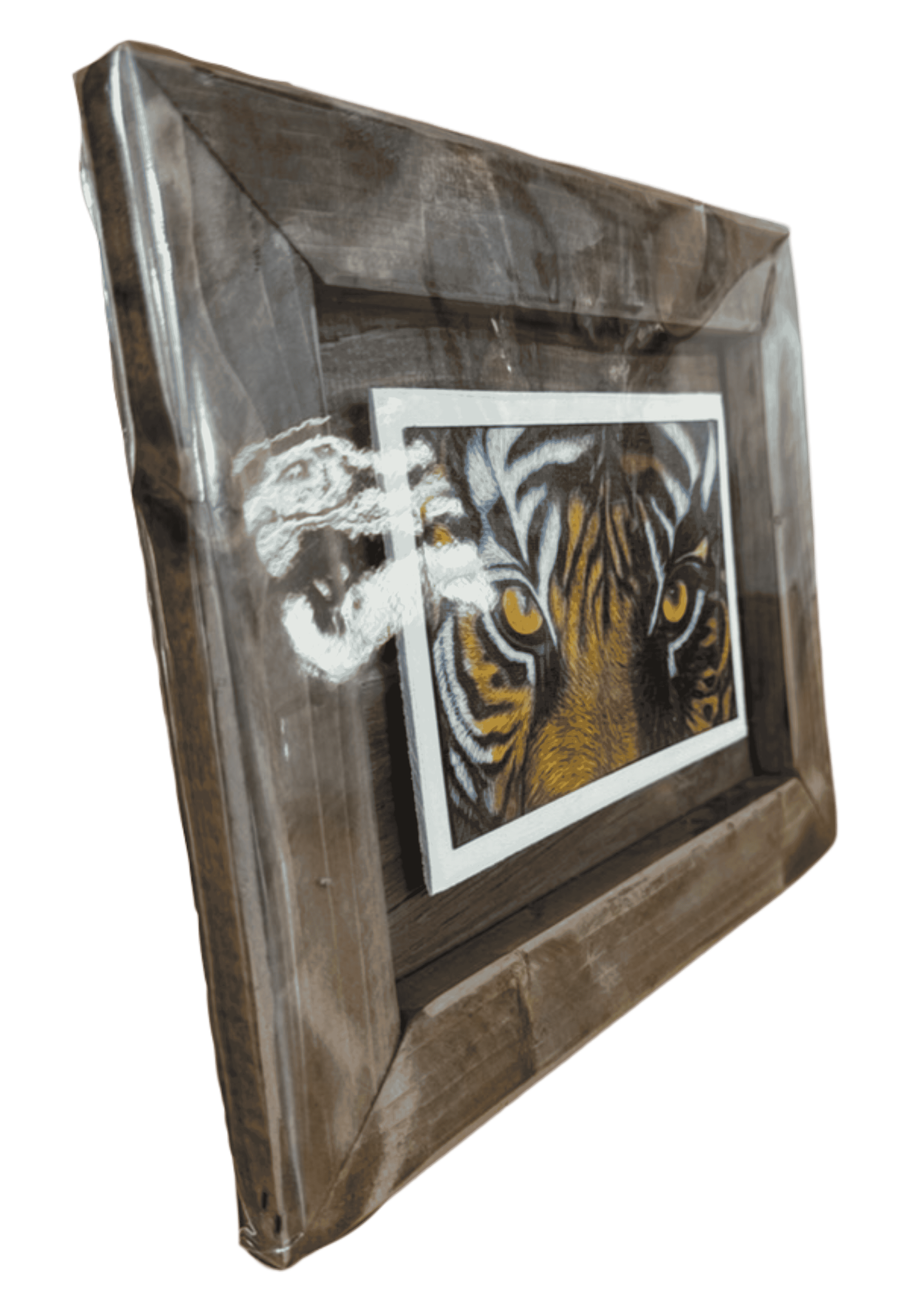 Framed LSU Tiger Eyes print in rustic wooden frame wall art.