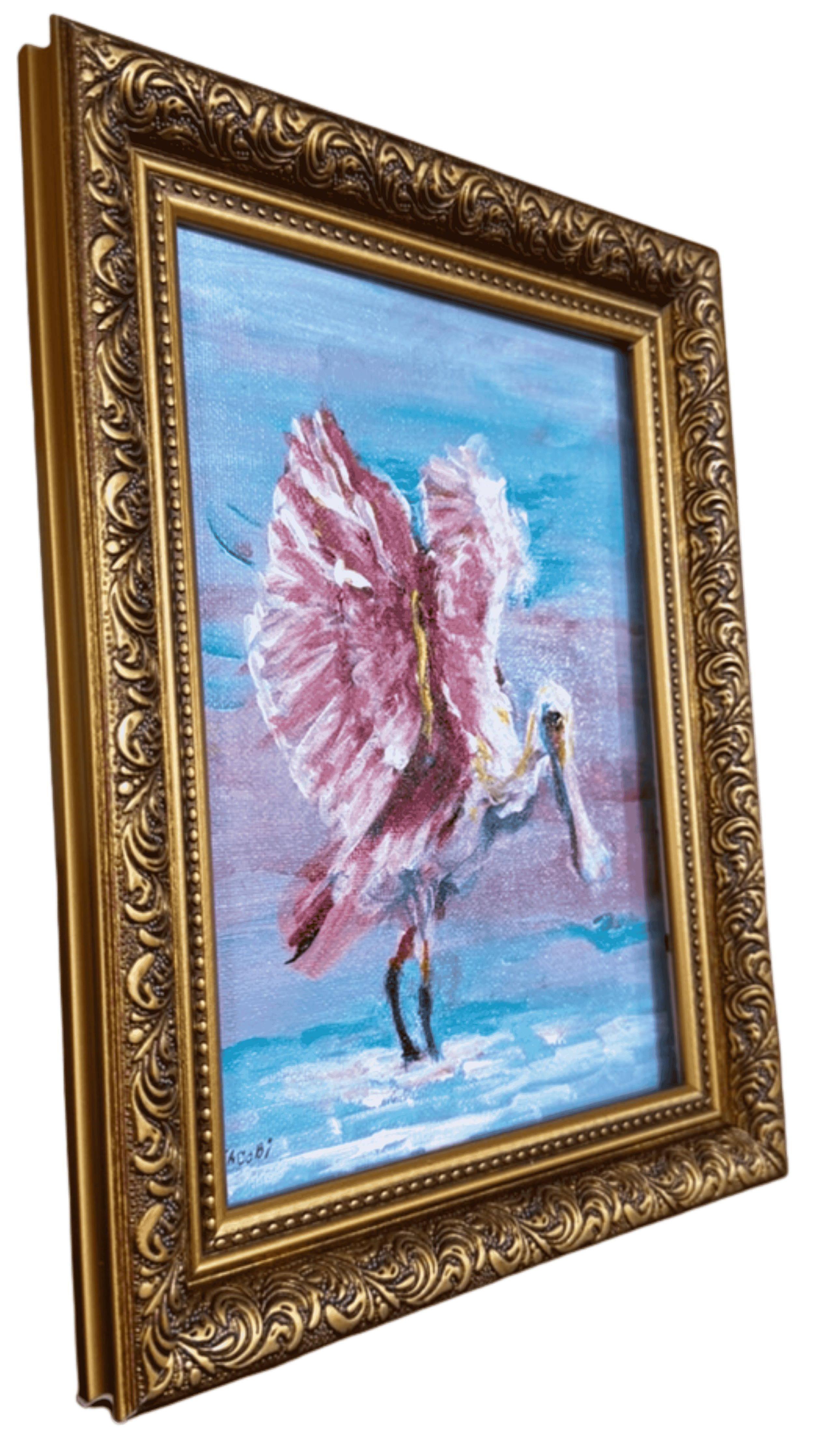 Angled view of framed roseate spoonbill coastal painting by P. Jacobi showing vibrant pink plumage and textured brushwork.