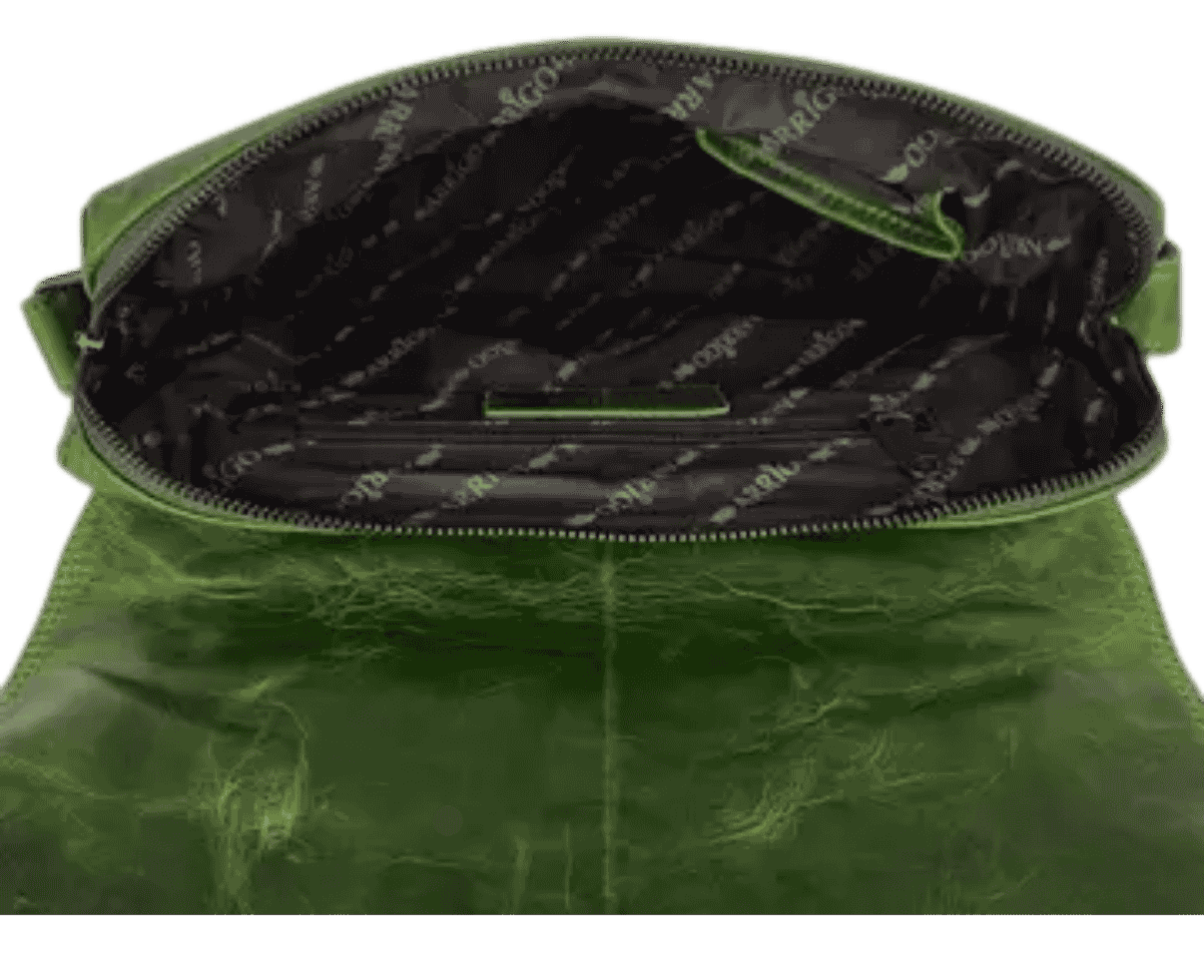 Interior view of Arrigo green leather messenger bag showing organized compartments and branded lining.