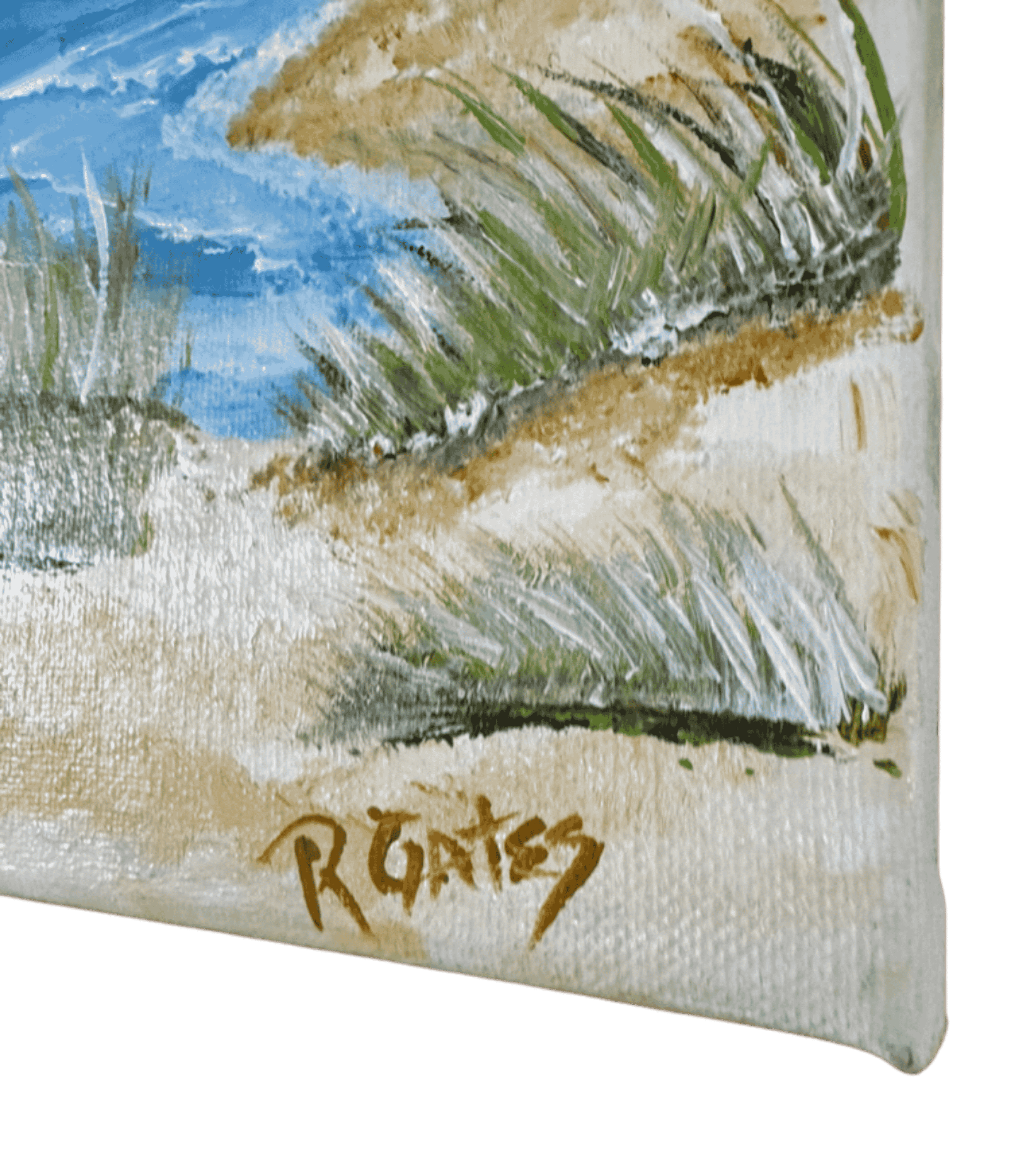 Close-up of artist signature on original acrylic pelican painting depicting a tranquil coastal landscape with pelicans and shoreline grasses.