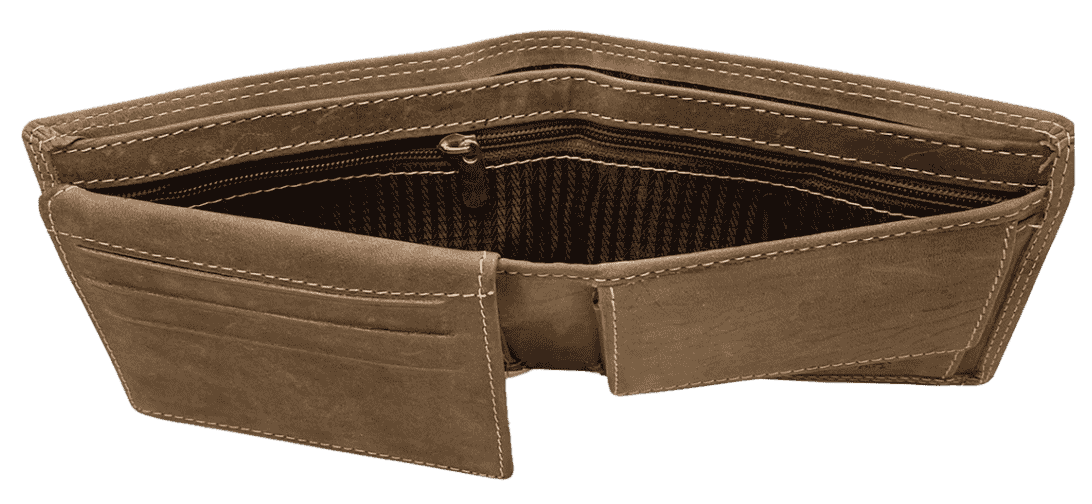Close-up of Arrigo leather bifold wallet zipper coin compartment and interior lining.
