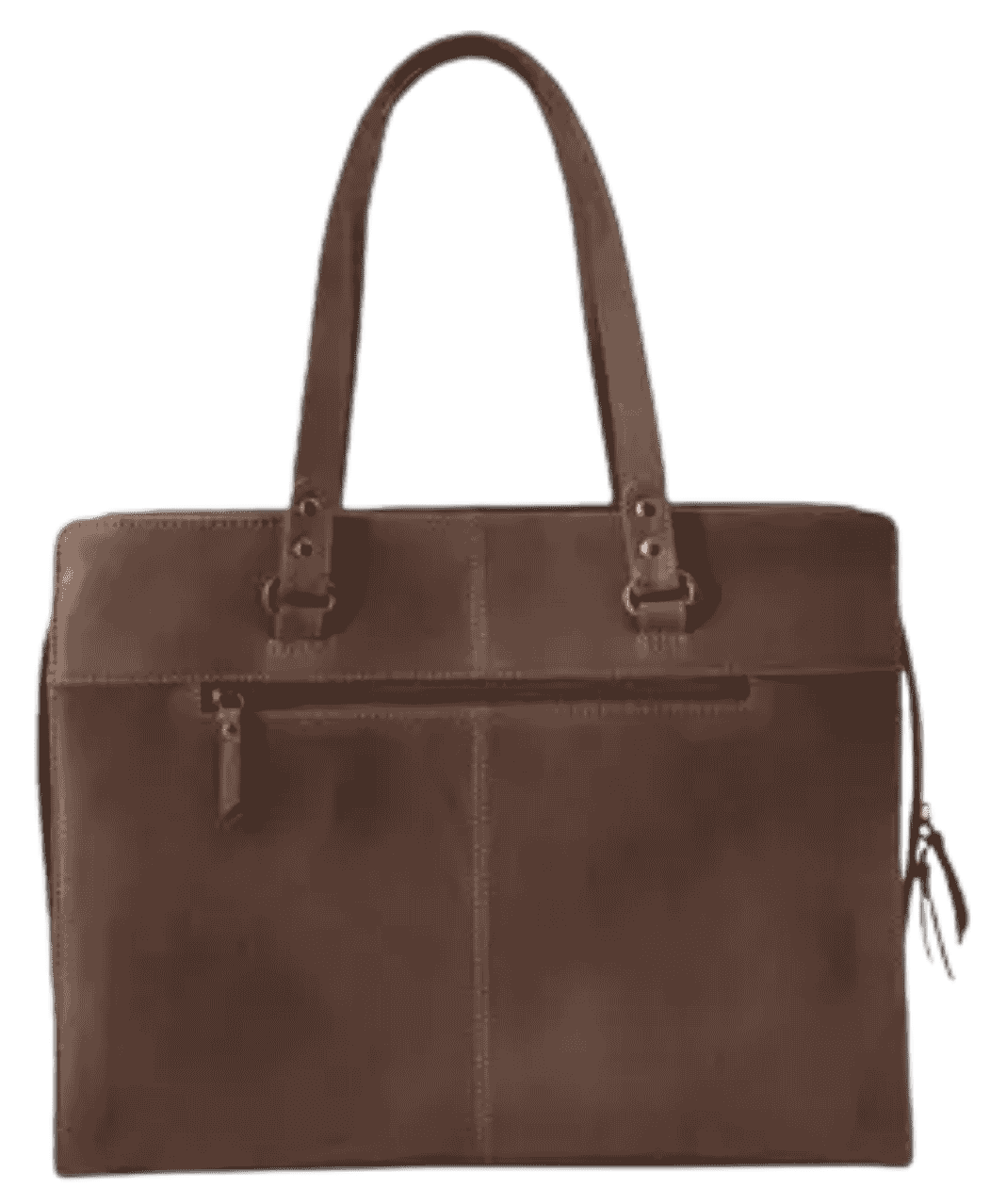 Close-up of back panel of Arrigo cognac leather laptop tote showing smooth leather and strap anchors.